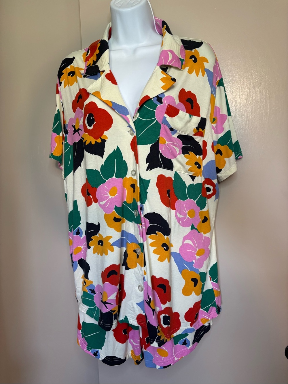 Show Me Your MuMu Cream Floral Button-Down Shirt Pajama Set, Size S